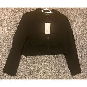 Zara Women's Black Cropped Blazer Size L Buttoned Front Tailored Fit